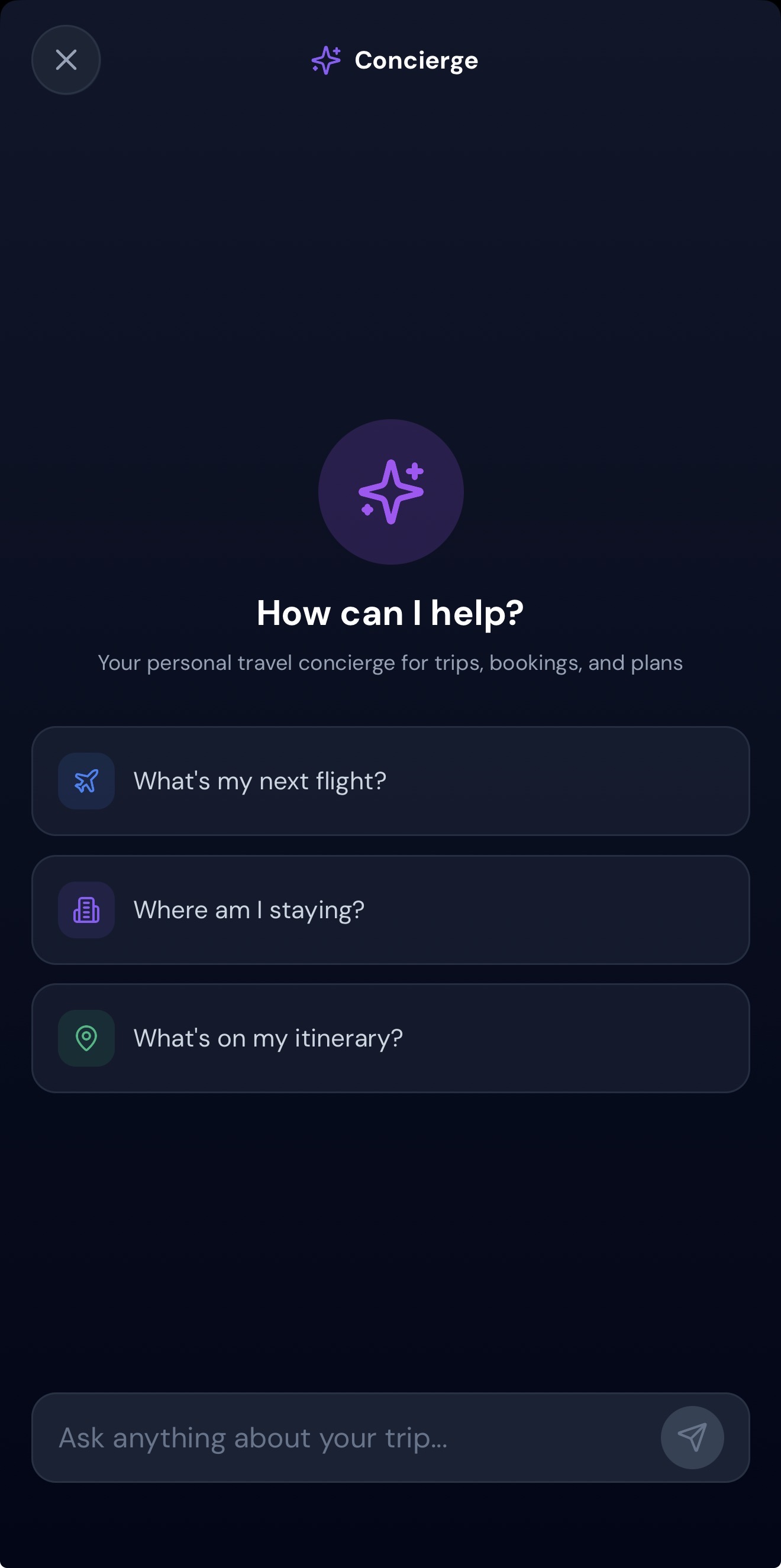 TripTrack AI Concierge answering travel questions about flights, hotels, and expenses