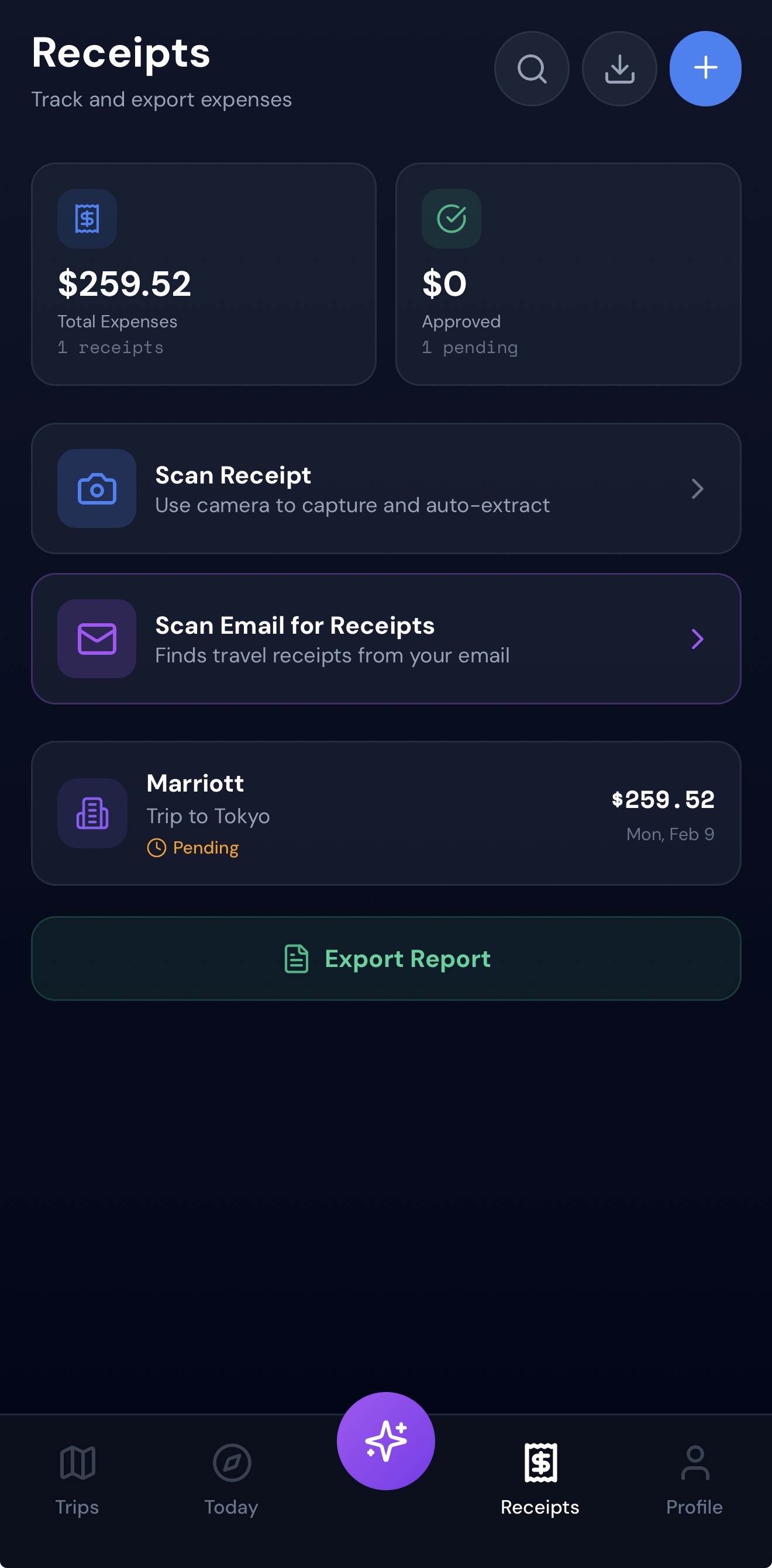TripTrack receipt scanning and automatic travel expense tracking