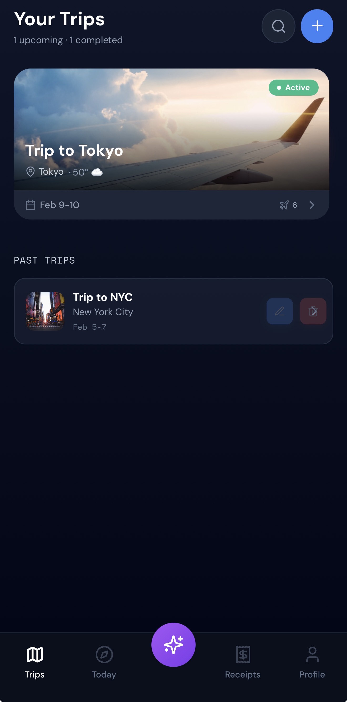TripTrack app showing organized trip itinerary with flights, hotels, and reservations
